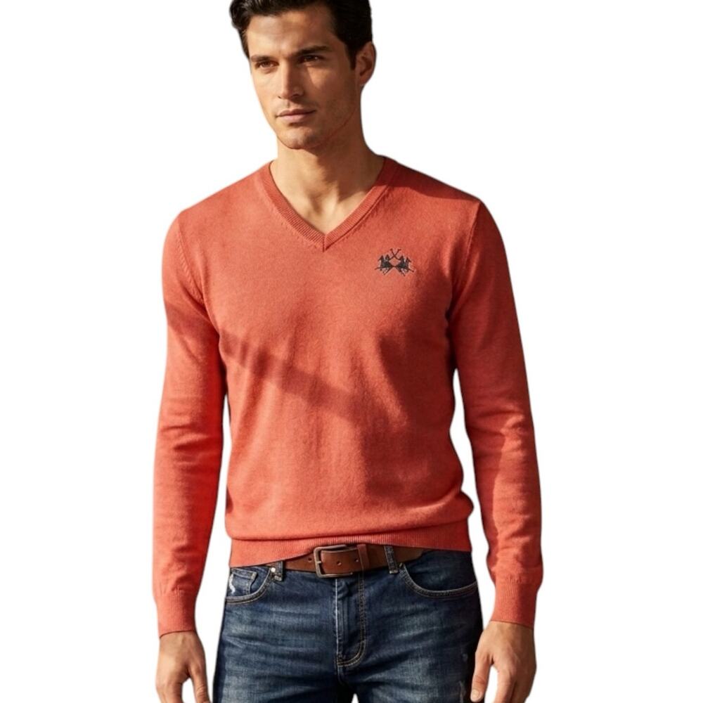 La Martina Men’s Salmon V-Neck Sweater Cotton Cashmere Silk Blend Size M